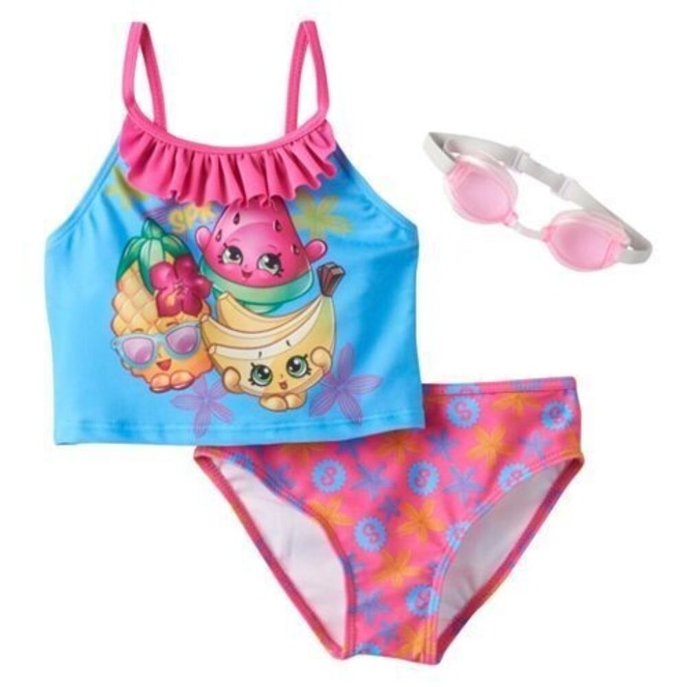 New SHOPKINS GIRLS' TANKIN Bathing Swimsuit 3 Piece Googles Pink Blue 5/6